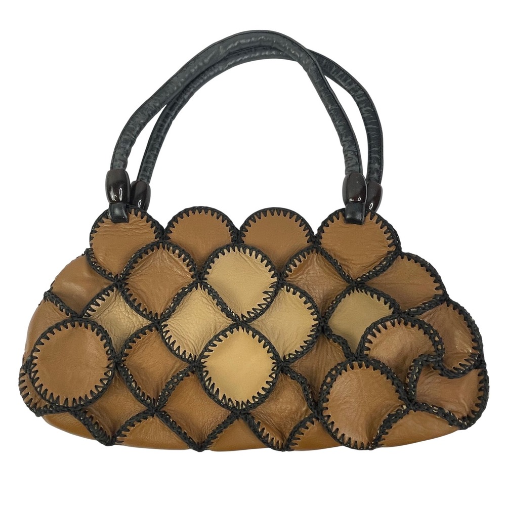 Aldo Scalloped Stitched Leather Handbag, Patchwork stitching, top handles, brown